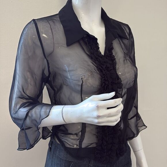 Vintage Bisou Bisou Sheer Black Ruffle Front Button Down Blouse 3/4 Bell Sleeves - Picture 2 of 6